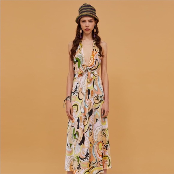 Zara Retro/Y2K Tie Front Paisley Floral Satin Halter Sleeveless Midi Slip Dress - Picture 2 of 16